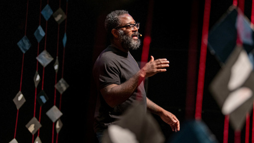 Reginald Dwayne Betts, critically acclaimed poet, author, lawyer, and 2021 MacArthur Fellowship winner, rehearses for his solo performance, "Felon: An American Washi Tale".
