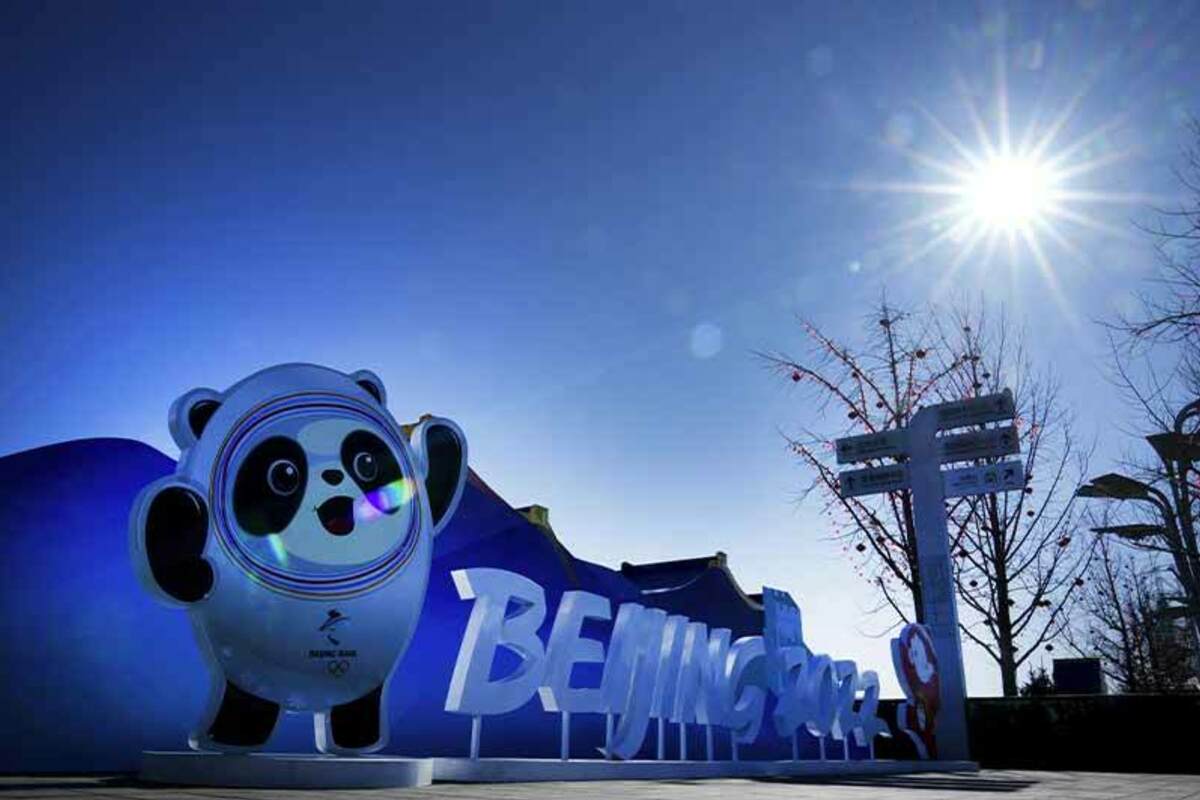 A figure of Bing Dwen Dwen, the mascot of the 2022 Beijing Winter Olympics, is pictured near the Main Media Centre, in Beijing, China.