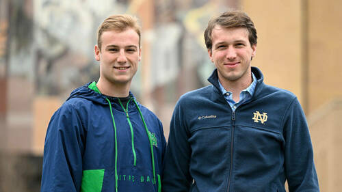 Mike Oblich, left, and Jack Zagrocki photographed outside Hesburgh Library. (Photo by Matt Cashore/University of Notre Dame)