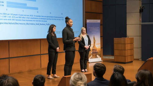Team O’Hara presents their case during the inaugural Diversity, Equity and Inclusion case competition. (Photo by Steve Toepp/University of Notre Dame)