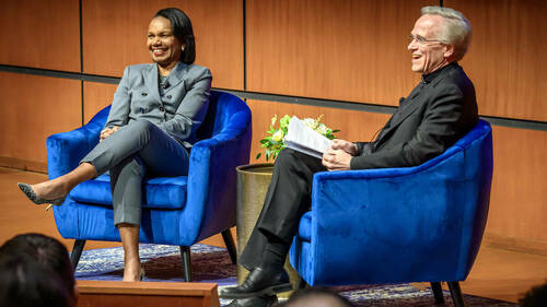 Condoleezza Rice, 66th U.S. Secretary of State and Notre Dame alumna, joins University of Notre Dame President Rev. John I. Jenkins, C.S.C. for a discussion and Q&A in the Jordan Auditorium of the Mendoza College of Business. (Photo by Matt Cashore/University of Notre Dame)