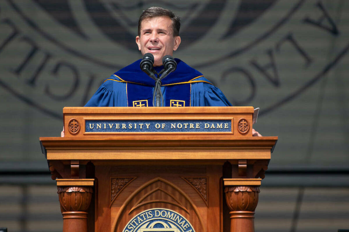 John Francis Crowley delivers the Commencement address at the class of 2020 Commencement ceremony in Notre Dame Stadium. (Photo by Barbara Johnston/University of Notre Dame)