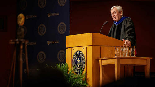 Robert J. Bernhard, vice president for research and a professor in the Department of Aerospace and Mechanical Engineering, speaks at the ceremony. (Photo by Peter Ringenberg/University of Notre Dame)