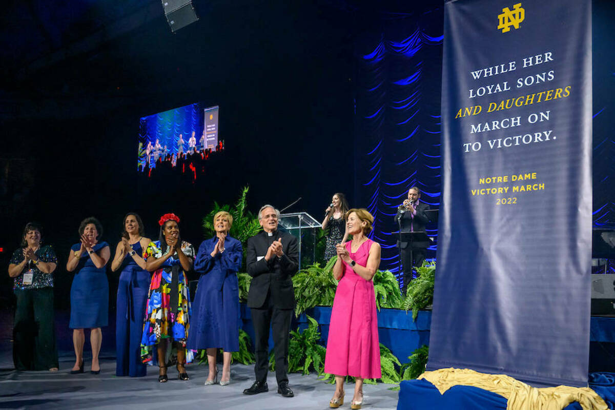 Notre Dame unveiled new lyrics to the Notre Dame Victory March at the conclusion of the ‘Golden Is Thy Fame’ celebration gala dinner. The event recognized the 50th anniversary of the admission of undergraduate women at Notre Dame. (Photo by Matt Cashore/University of Notre Dame)
