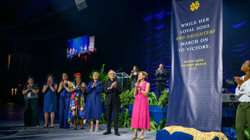 Notre Dame unveiled new lyrics to the Notre Dame Victory March at the conclusion of the ‘Golden Is Thy Fame’ celebration gala dinner. The event recognized the 50th anniversary of the admission of undergraduate women at Notre Dame. (Photo by Matt Cashore/University of Notre Dame)