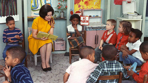 Lady Bird Johnson visiting a classroom for Project Head Start, 1966.