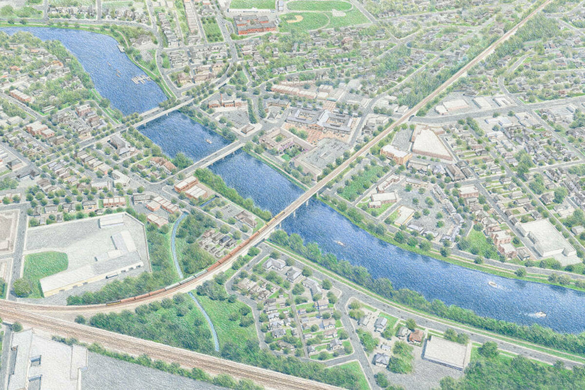 Aerial rendering of proposed masterplan in South Bend looking north