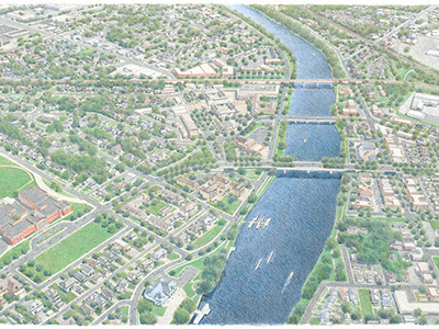 Aerial rendering of South Bend looking south