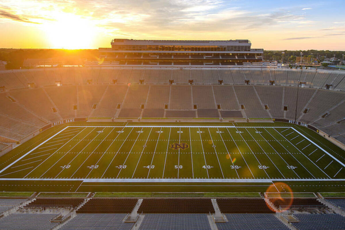 Sunrise over Notre Dame Stadium. (Photo by Matt Cashore/University of Notre Dame)