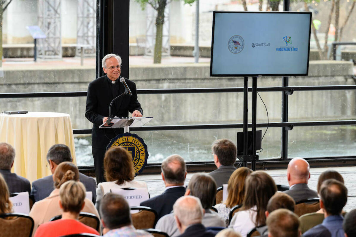 Rev. John I. Jenkins, C.S.C. president of the University of Notre Dame gives remarks at the dedication ceremony for Notre Dame’s hydroelectric project on the St. Joseph river in downtown South Bend. (Photo by Matt Cashore/University of Notre Dame)