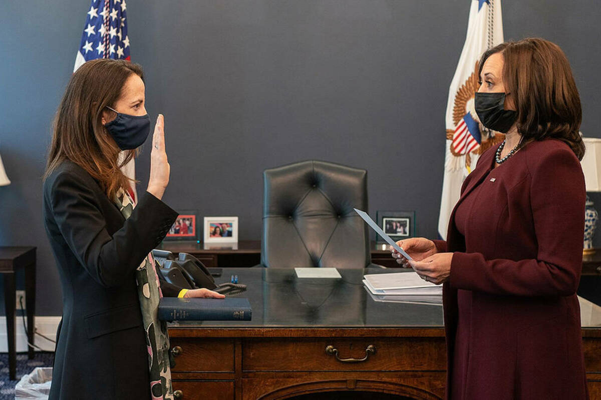 Avril Haines, U.S. director of national intelligence, being sworn in by Vice President Kamala Harris.