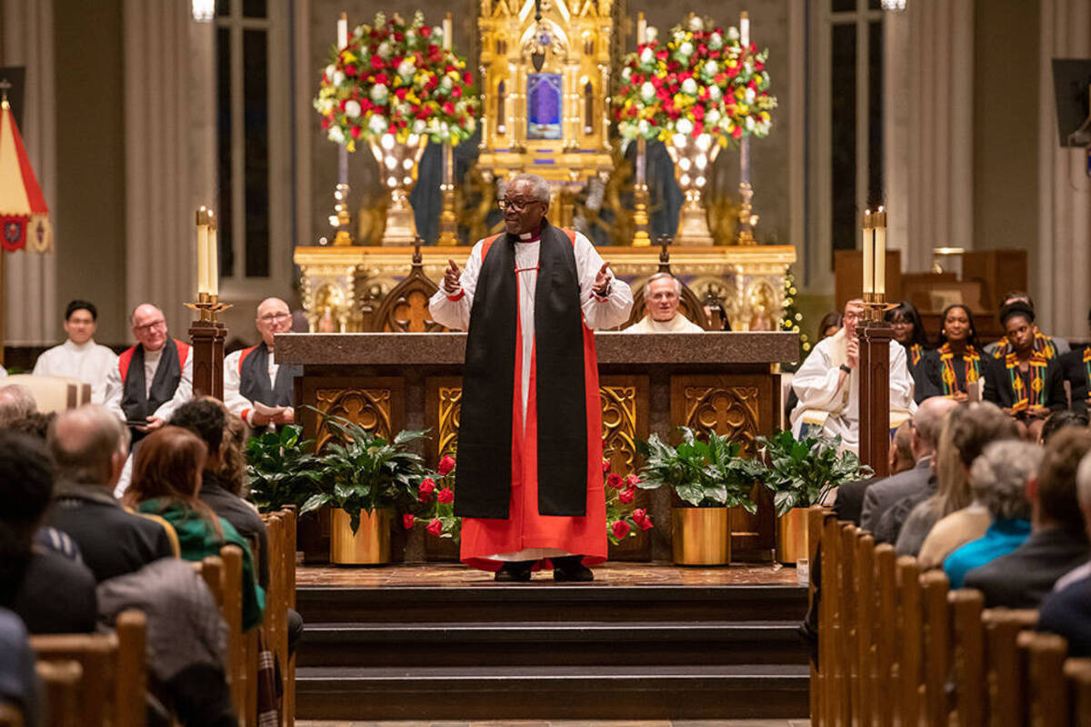The Most Rev. Michael Bruce Curry presiding bishop and primate of The Episcopal Church, delivers the keynote reflection at the annual Walk the Walk Week prayer service in the Basilica of the Sacred Heart. (Photo by Barbara Johnston/University of Notre Dame)