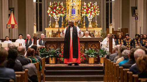 The Most Rev. Michael Bruce Curry presiding bishop and primate of The Episcopal Church, delivers the keynote reflection at the annual Walk the Walk Week prayer service in the Basilica of the Sacred Heart. (Photo by Barbara Johnston/University of Notre Dame)