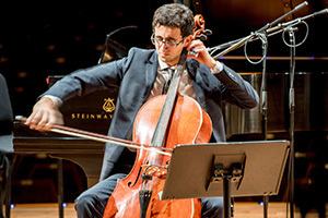 Notre Dame graduate and Fischoff alumnus Alex Mansour gives a cello recital in the Leighton Concert Hall at the DeBartolo Performing Arts Center as a student in 2017. Mansour currently composes music for the concert hall and screen in Los Angeles.