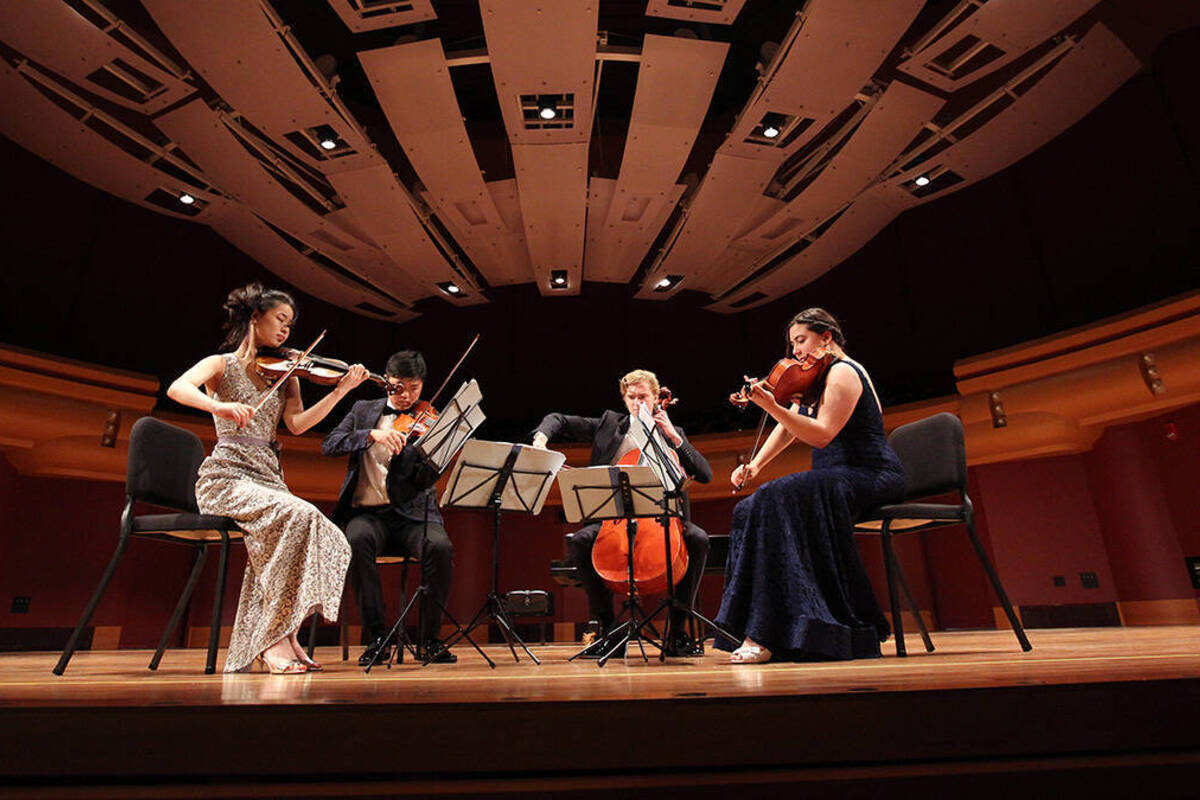 Members of Viano String Quartet of Los Angeles, Silver Medal Prize winners, Senior String Division, perform during the 2018 Fischoff Competition.