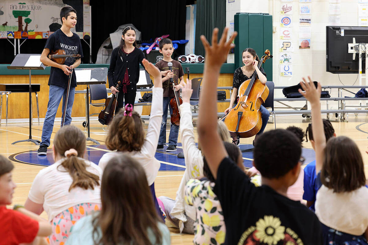 Stars Aligned Siblings of San Pablo, California, lead a performance workshop at Harrison Elementary School in South Bend in 2022 as part of the Fischoff Competition’s Ambassadors for Chamber Music Program.