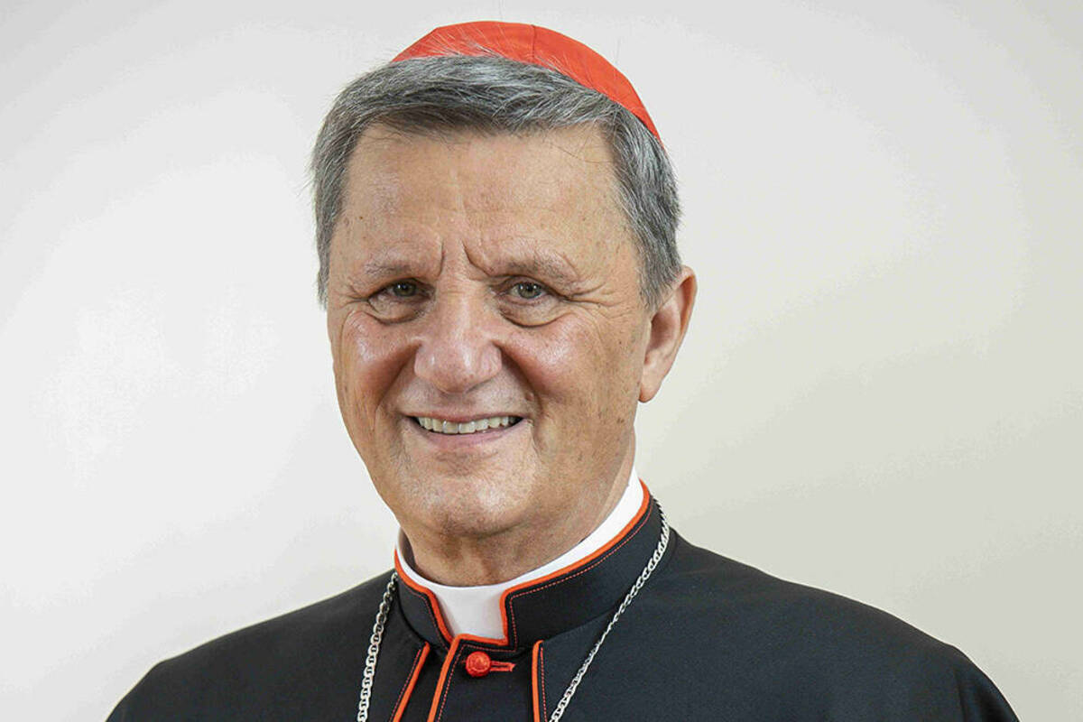 Cardinal Mario Grech wearing a black cassock with scarlet piping, a scarlet fascia and a scarlet zucchetto.