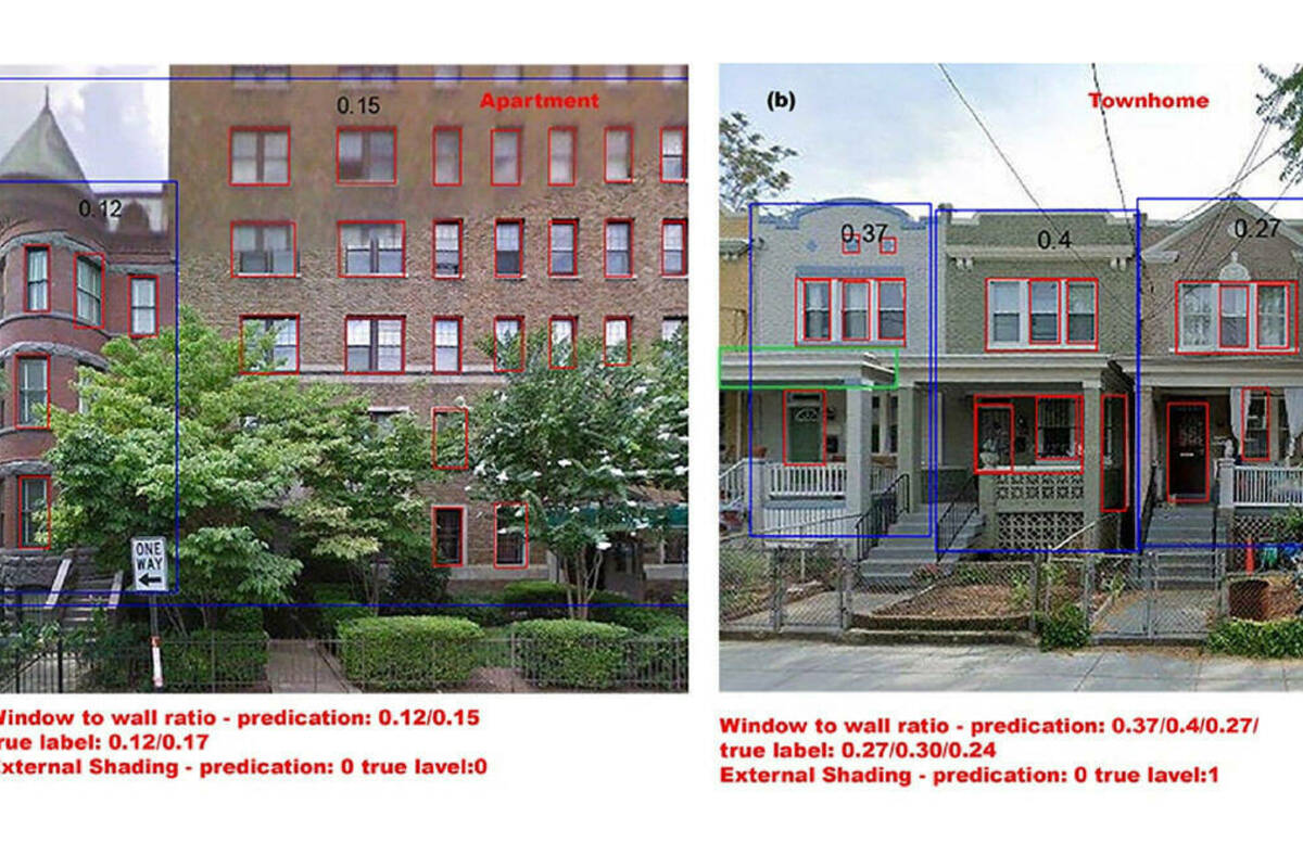 Two Google Street View images, one of a multi-story brick apartment building and one of a row of townhouses in Chicago with windows outlined in red, and window-to-wall ratio and shading measured and labeled by an AI program.