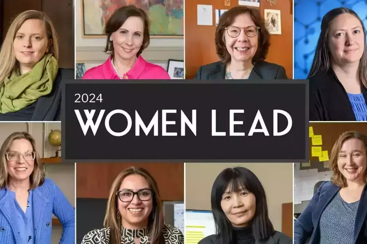 A grid image of eight women with the wordmark "Women Lead" in the middle.