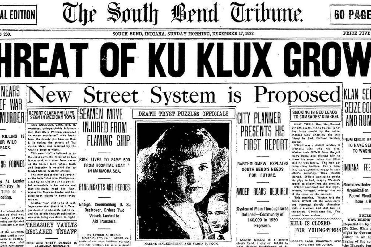 Front page of the Dec. 17, 1922, edition of the South Bend Tribune with the banner headline, "Threat of Ku Klux Grows".