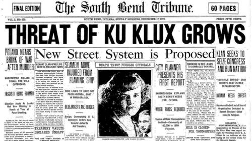 Front page of the Dec. 17, 1922, edition of the South Bend Tribune with the banner headline, "Threat of Ku Klux Grows".
