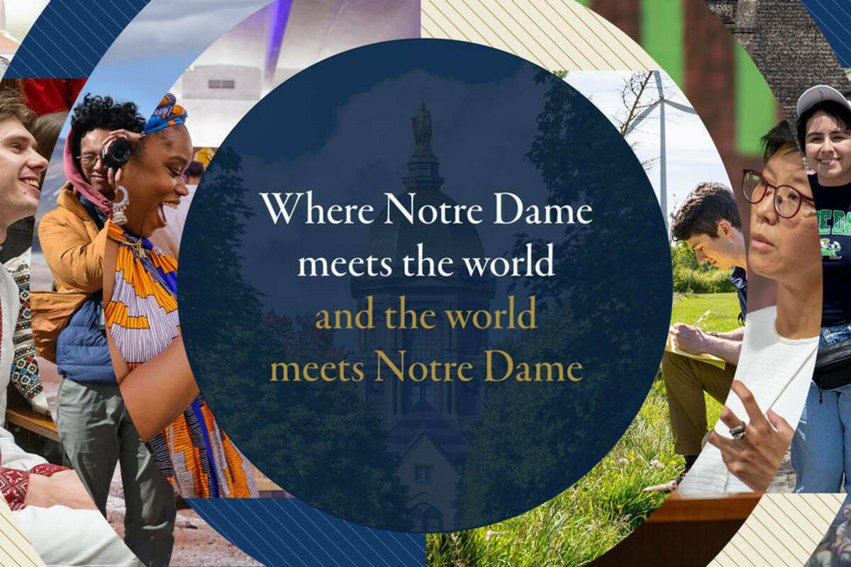 Graphically designed image showing 8 different rings of images from Notre Dame locations across the globe with central circle that says "Where Notre Dame meets the world and the world meets Notre Dame"