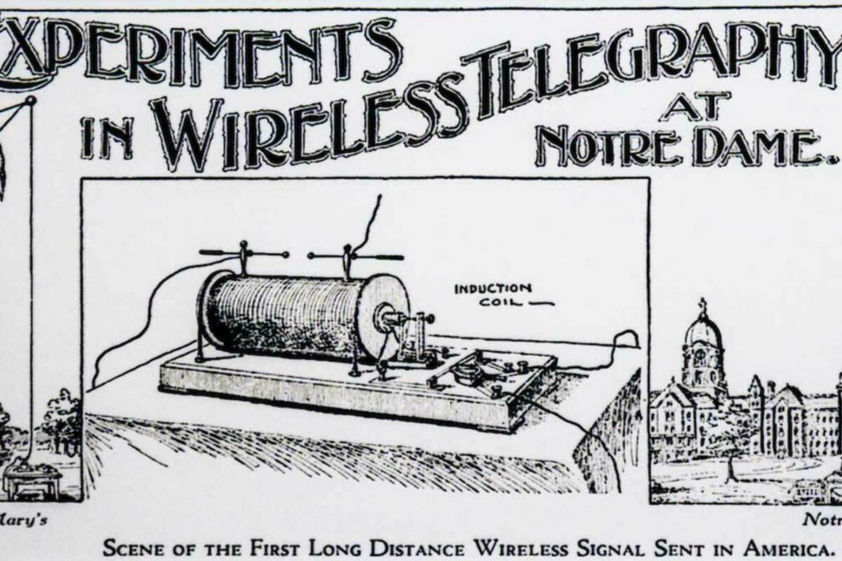 A drawing commemorates the first long distance wireless signal sent in America on April 19, 1899 between the campuses of Saint Mary’s College and Notre Dame.