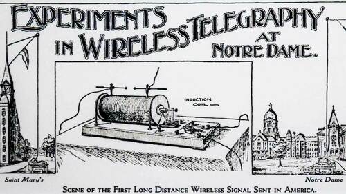 A drawing commemorates the first long distance wireless signal sent in America on April 19, 1899 between the campuses of Saint Mary’s College and Notre Dame.