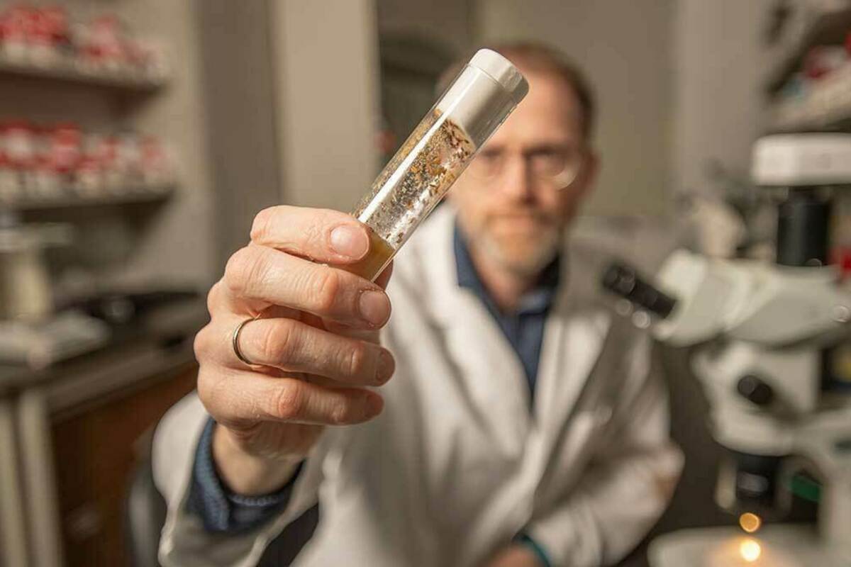 Associate Professor Jeremiah Zartman holds a tube of fruit flies up to the camera. Zartman is sitting in his lab, wearing a white lab coat.
