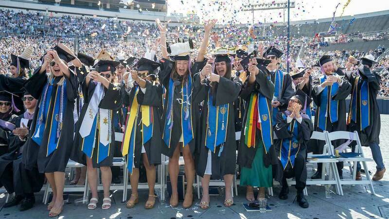Architecture students from Notre Dame's Class of 2024 toss confetti into the air at the conclusion of their commencement ceremony in Notre Dame Stadium. They are wearing graduation caps and gowns.