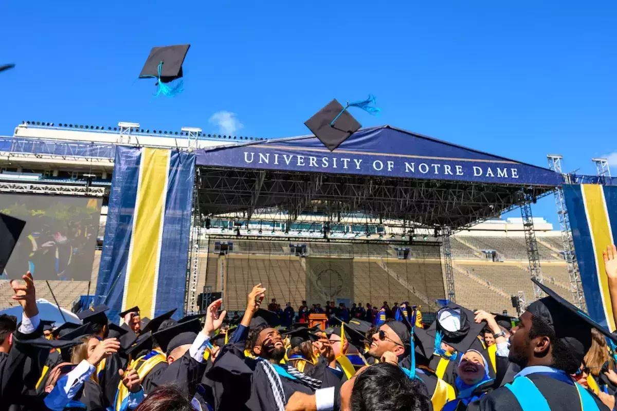 A group of college students toss their caps into the air in celebration of commencement.