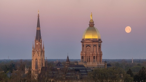 The nearly full moon shines over the Golden Dome and Basilica.
