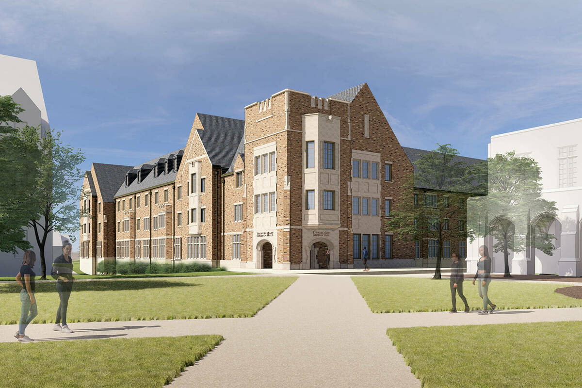 Architectural rendering of a collegiate gothic residence hall
