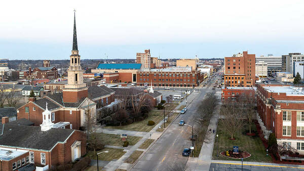 Aerial shot of downtown South Bend, showing the former South Bend Tribune building (Photo by Matt Cashore/University of Notre Dame)