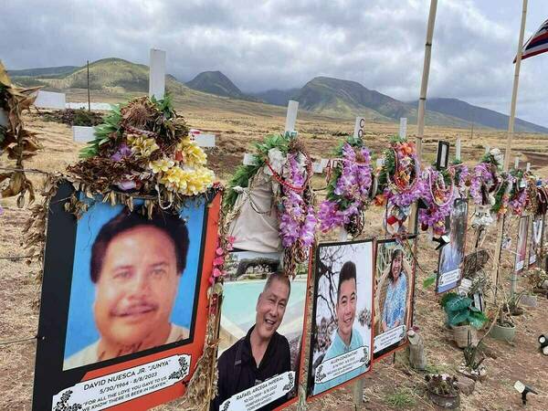 A memorial set up alongside the road for victims of the Maui fire, with photos and flowers on crosses.