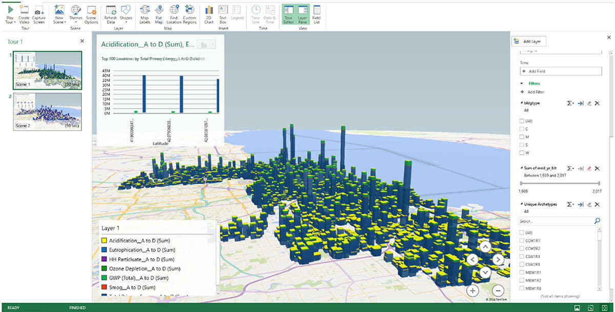 A visual analysis tool analyizing the embodied carbon in more than 1 million buildings in Chicago. The resulting data appears similar to a 3-D Chicago map with buildings represented by bars of varying heights to show their embodied carbon levels.