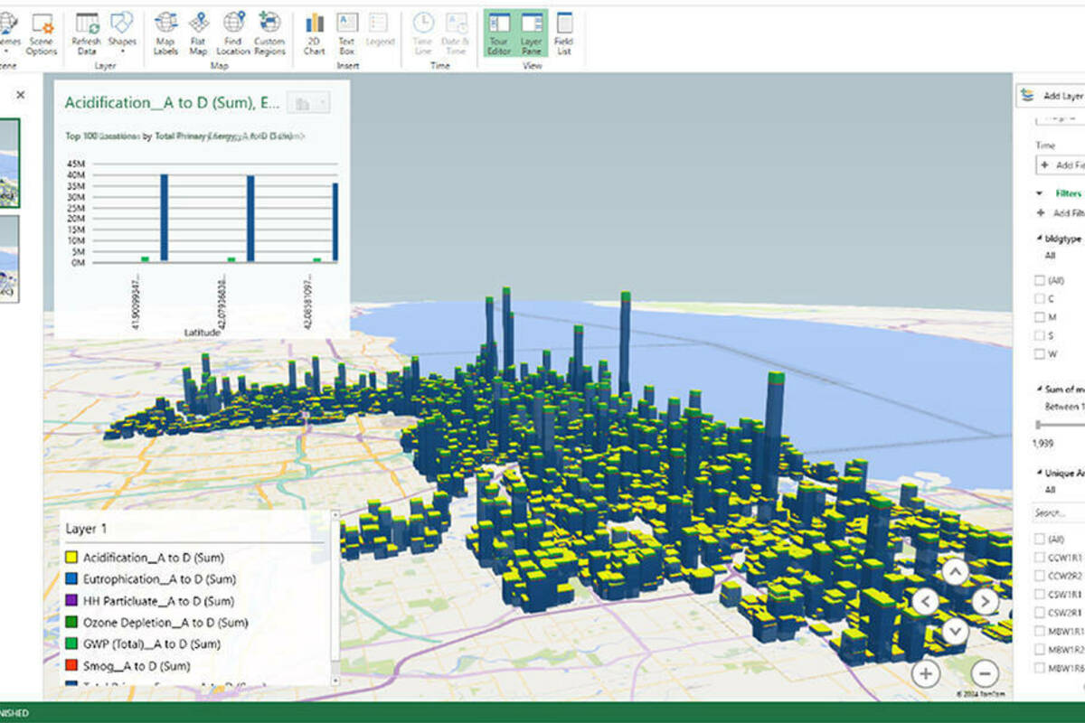 A visual analysis tool analyizing the embodied carbon in more than 1 million buildings in Chicago. The resulting data appears similar to a 3-D Chicago map with buildings represented by bars of varying heights to show their embodied carbon levels.