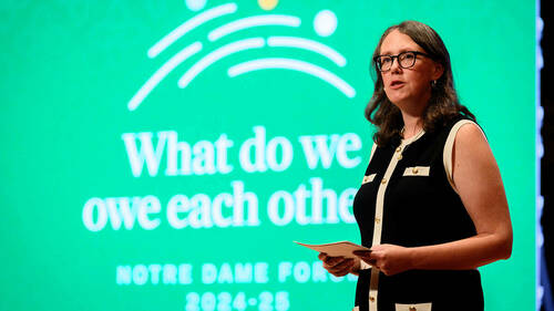 Meghan Sullivan, founding director of Notre Dame's Institute for Ethics and the Common Good, introduces the second session of 2024 Notre Dame Forum, themed ‘What do we owe each other?’ (Photo by Matt Cashore/University of Notre Dame)