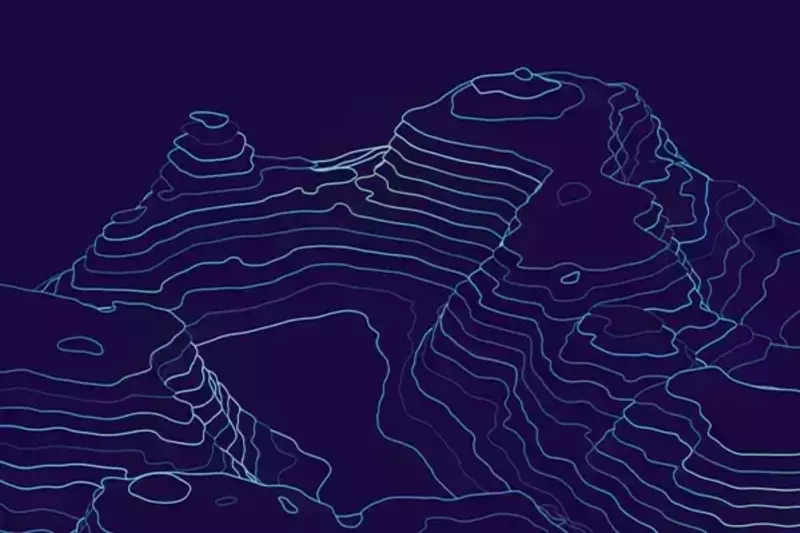 Stylized topographical map displaying abstract mountain ranges with light blue and cyan contour lines against a dark navy background, indicating elevation changes.